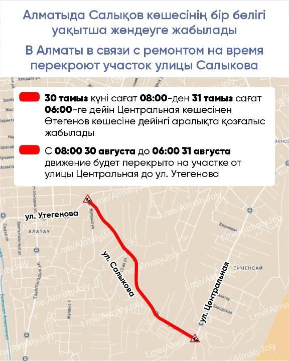В Алматы временно закроют часть улицы Салыкова на ремонт