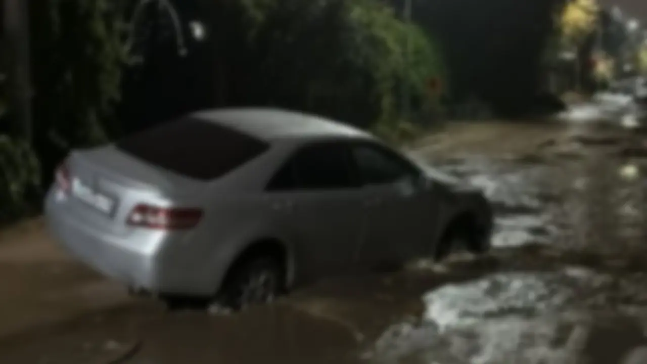В Алматы из-за ливня обвалилась дорога, повреждено 13 автомобилей.